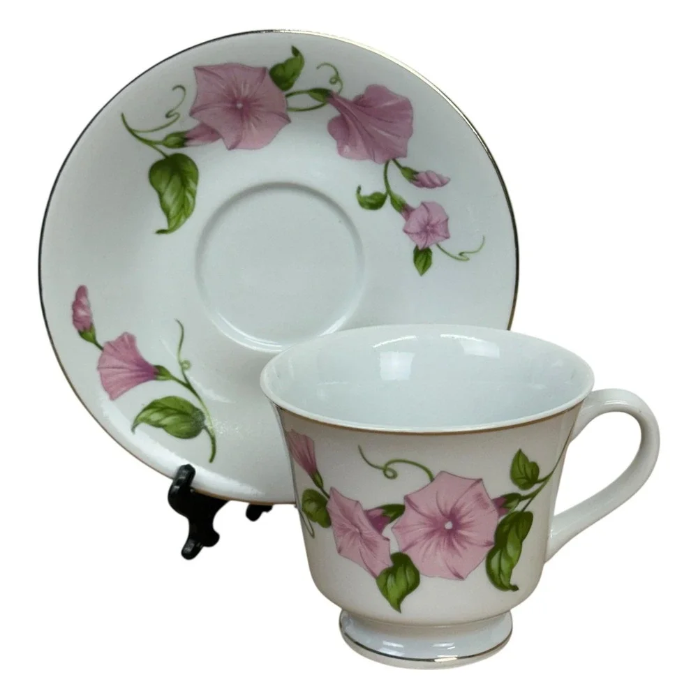 Teleflora Porcelain Tea Cup Saucer Set Pink Morning Glory Floral‎ Gold Trim